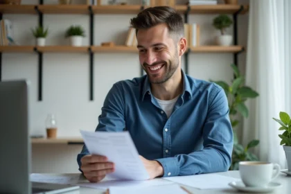 Homme en bleu analysant ses papiers de salaire à son bureau