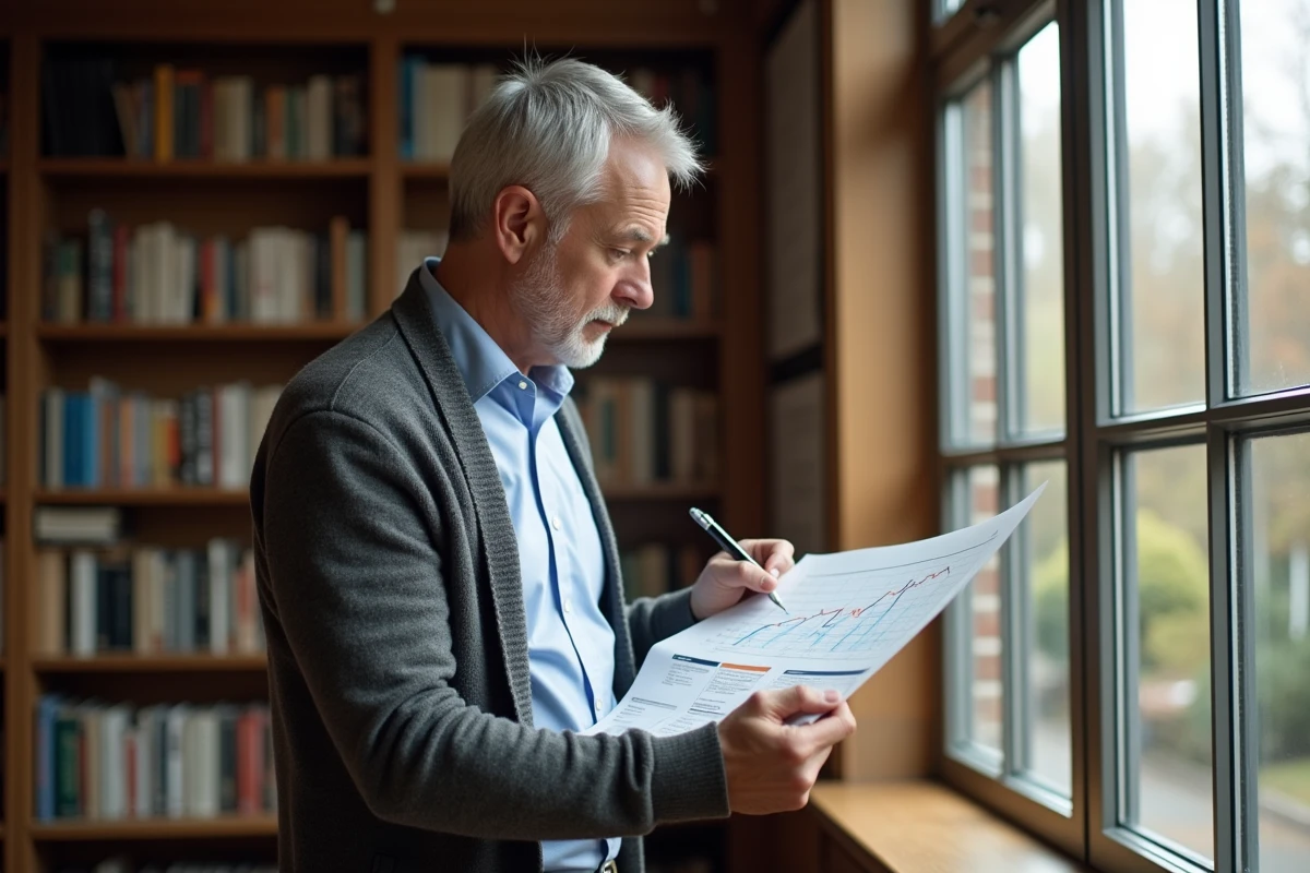 Homme en lecture annotant un graphique PCG dans une bibliothèque