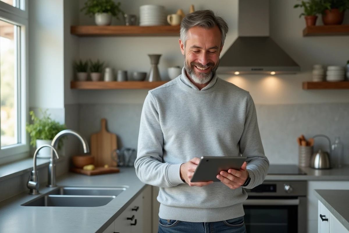 Homme utilisant une application bancaire sur tablette dans la cuisine
