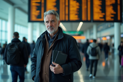 Homme d'âge moyen avec passeport devant panneau départ