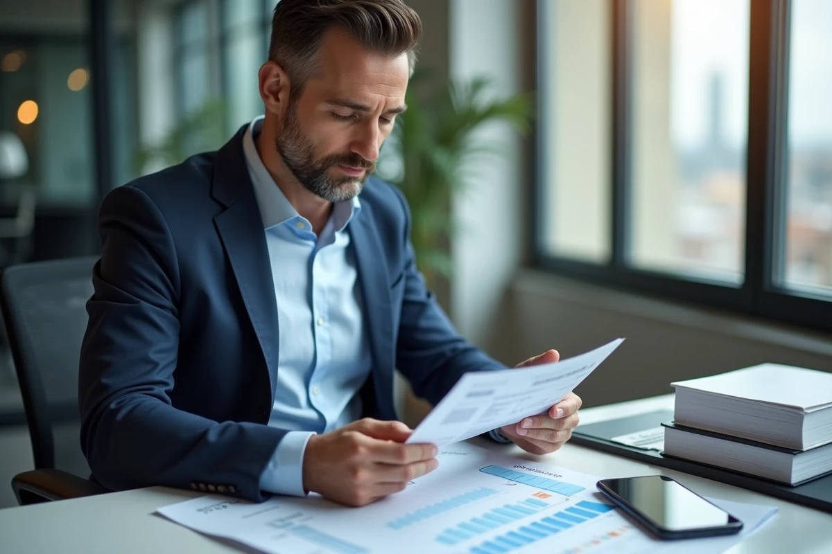 Homme en bureau consulte brochures d