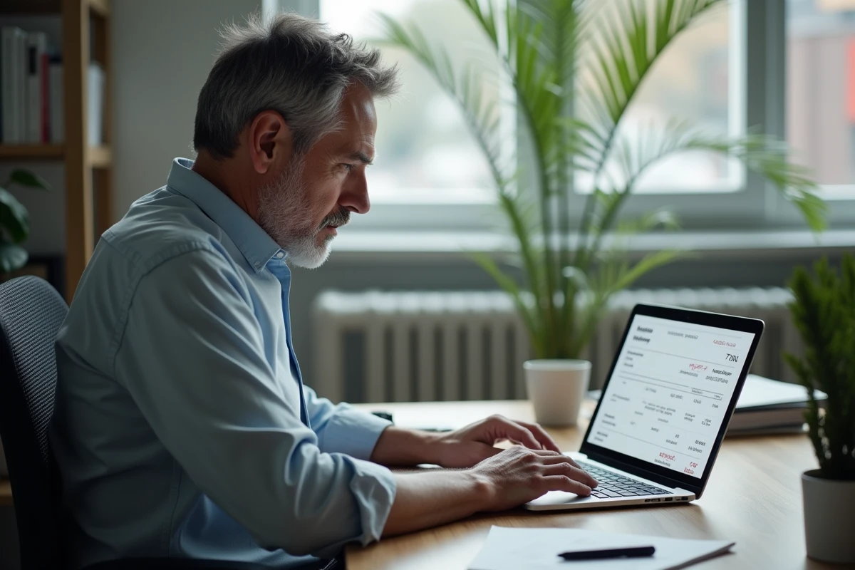 Homme vérifiant ses paiements telecom sur son ordinateur