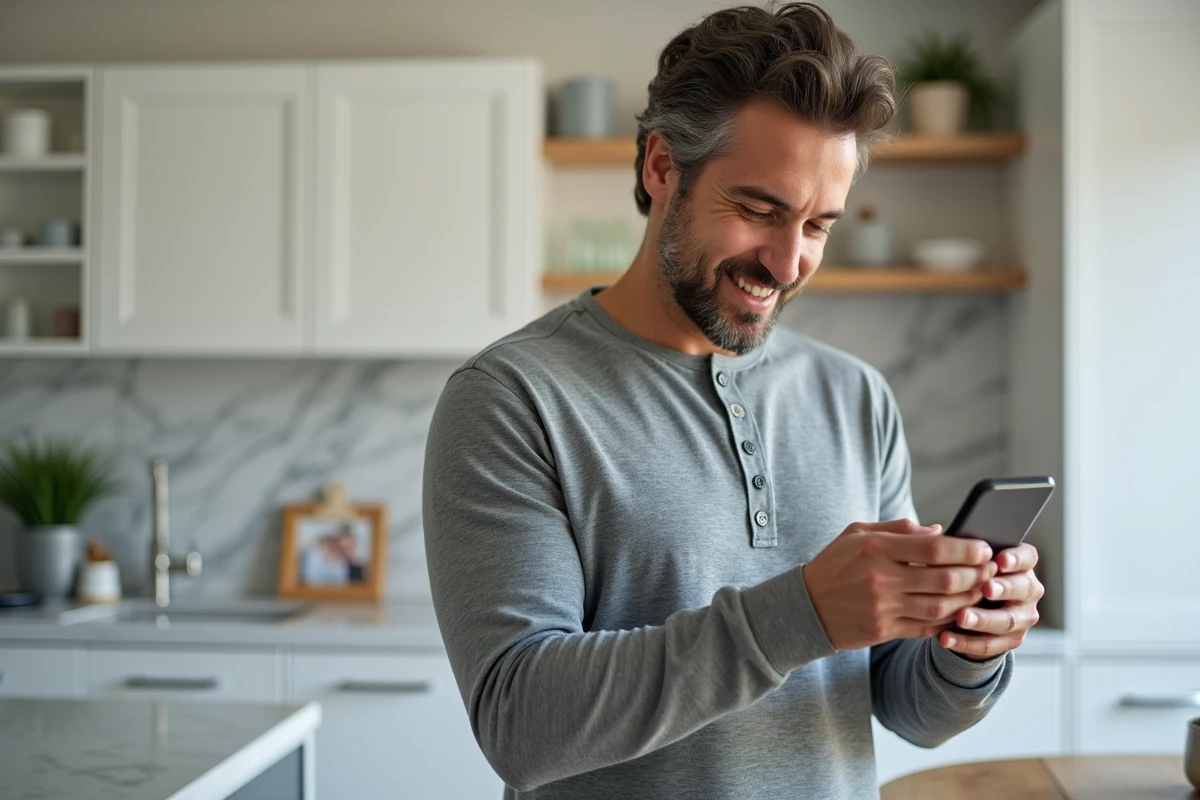 Homme consultant sa cagnotte personnalisée sur smartphone dans une cuisine moderne avec une atmosphère familiale