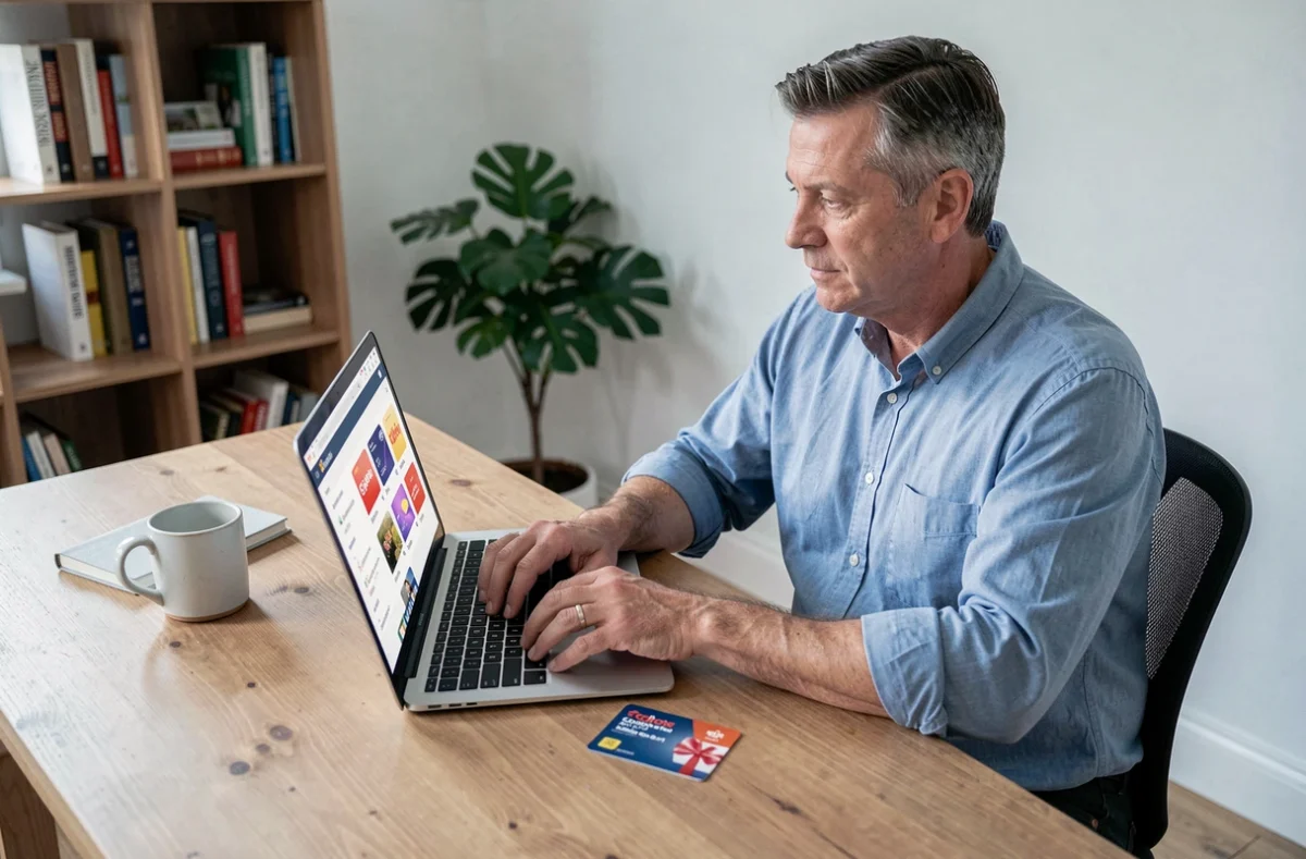 Homme consultant le catalogue de cartes cadeaux UpCadhoc depuis son ordinateur à domicile