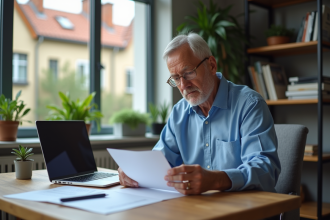 Homme civil servant en revue de documents de pension à la maison