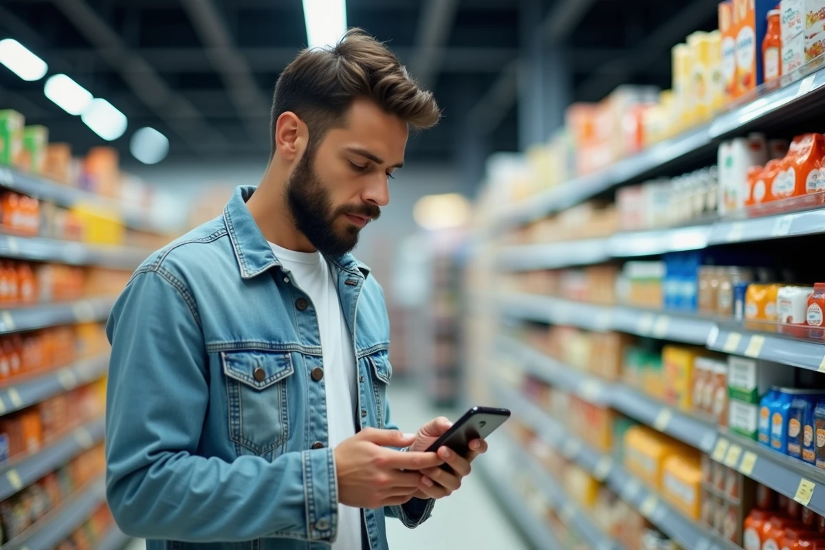 Homme comparant des produits en supermarché avec une application de gestion de budget sur smartphone pour économiser