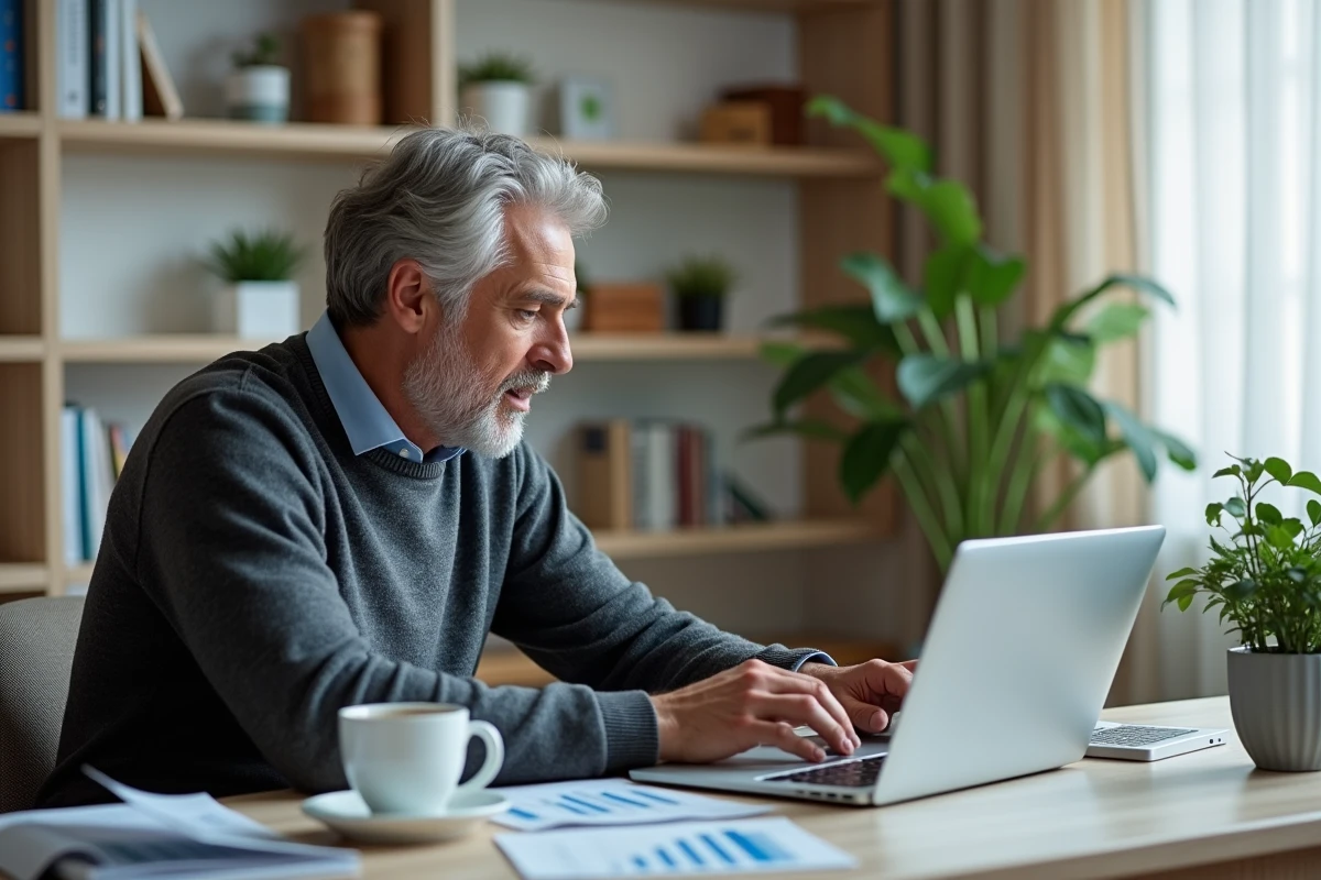 Un homme consulte les taux du compte à terme 2026 sur son ordinateur portable depuis son bureau à domicile
