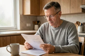 Homme consultant un contrat d'assurance accident de la vie à la table de cuisine, symbolisant la réflexion sur la protection personnelle