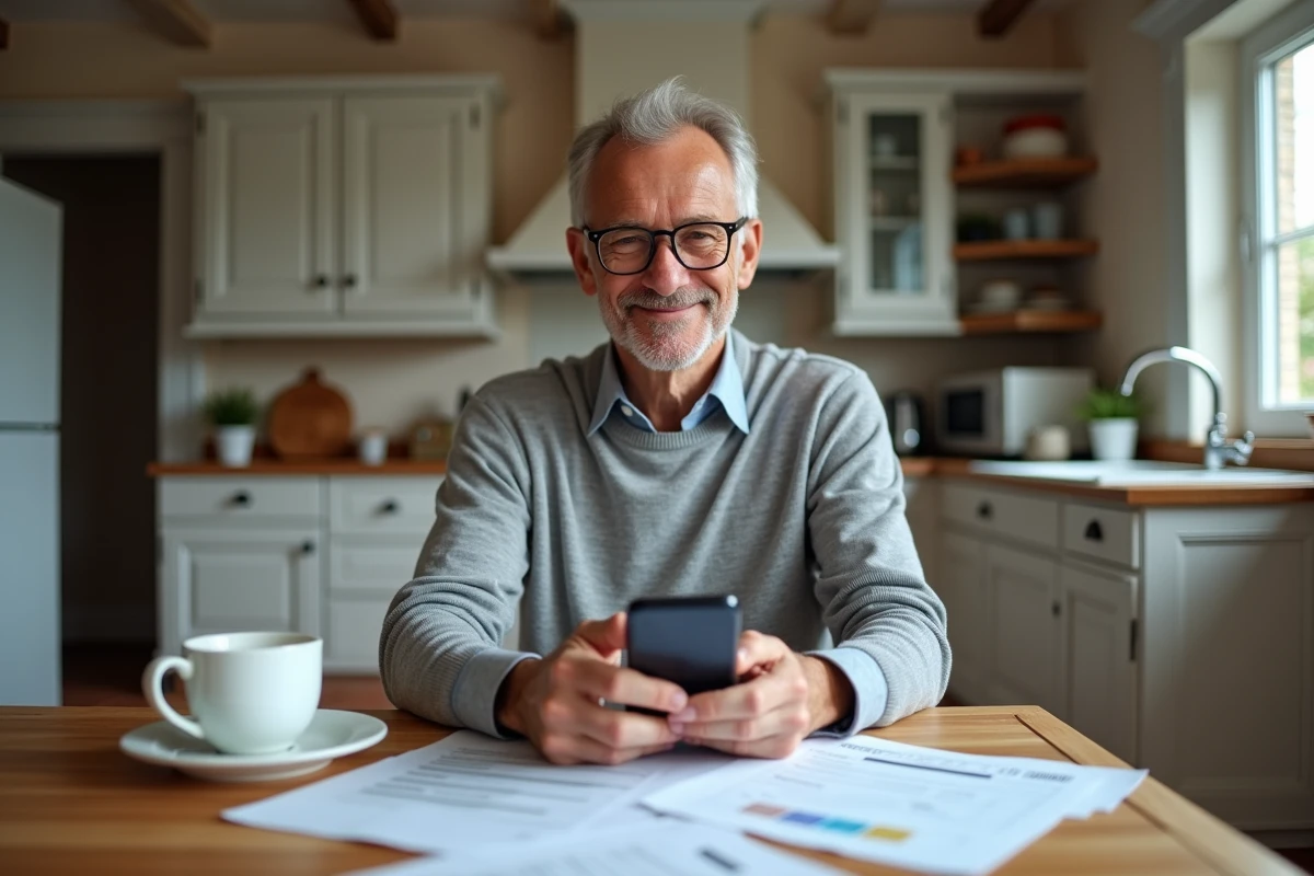 Homme consultant ses contrats d'assurance Crédit Agricole sur son smartphone avec des documents papier posés sur une table de cuisine