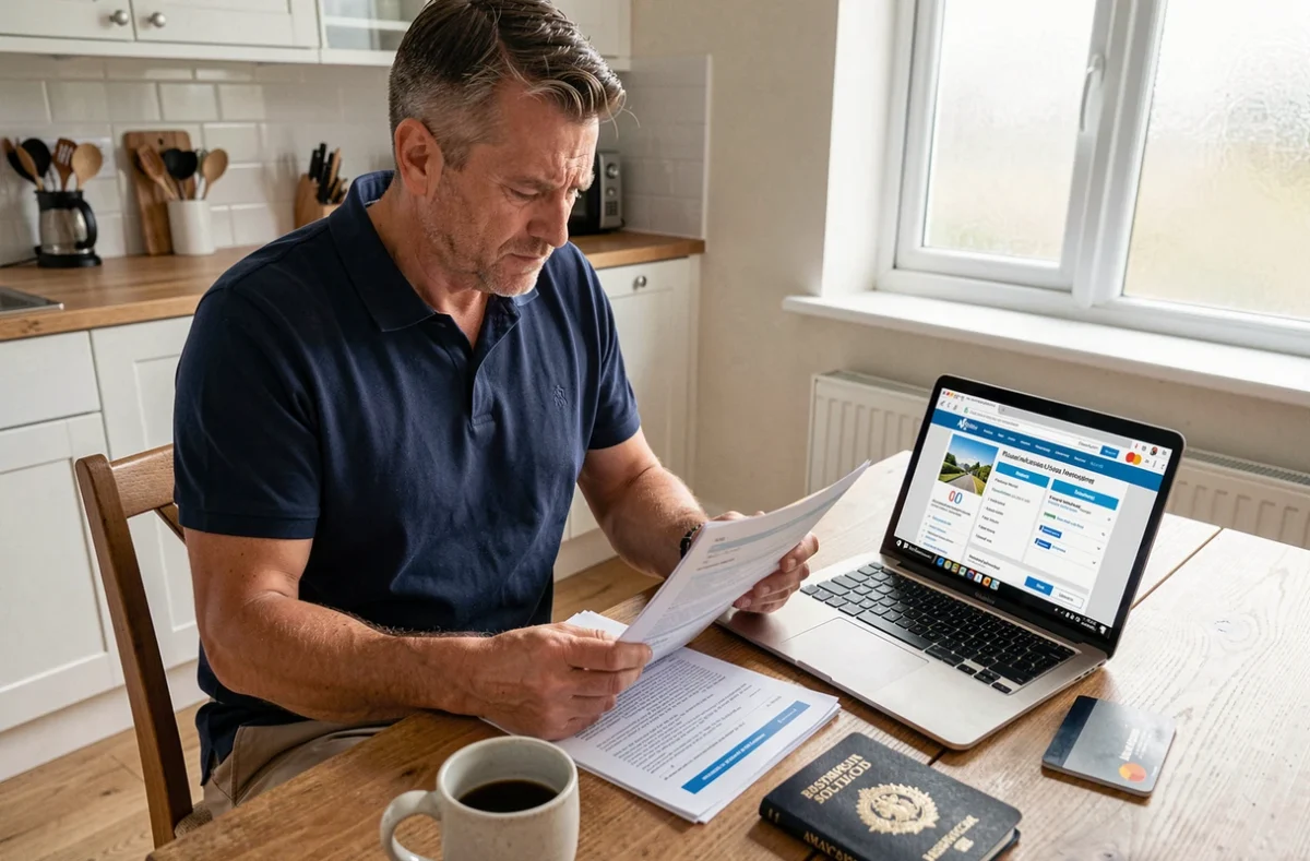 Homme consultant des documents d'assurance voyage avec une carte Mastercard et un passeport sur une table