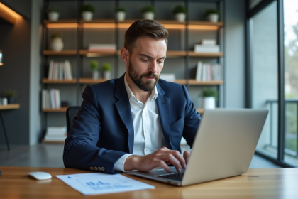 Homme en blazer bleu étudiant des graphiques ETF au bureau