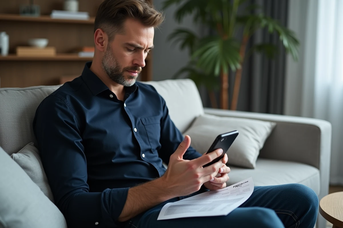 Homme vérifiant sa facture Free sur smartphone et document imprimé dans le salon