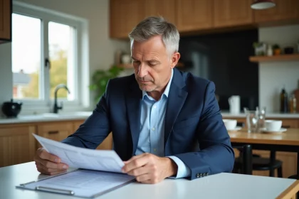 Homme d'âge moyen en costume examinant un document financier à la maison