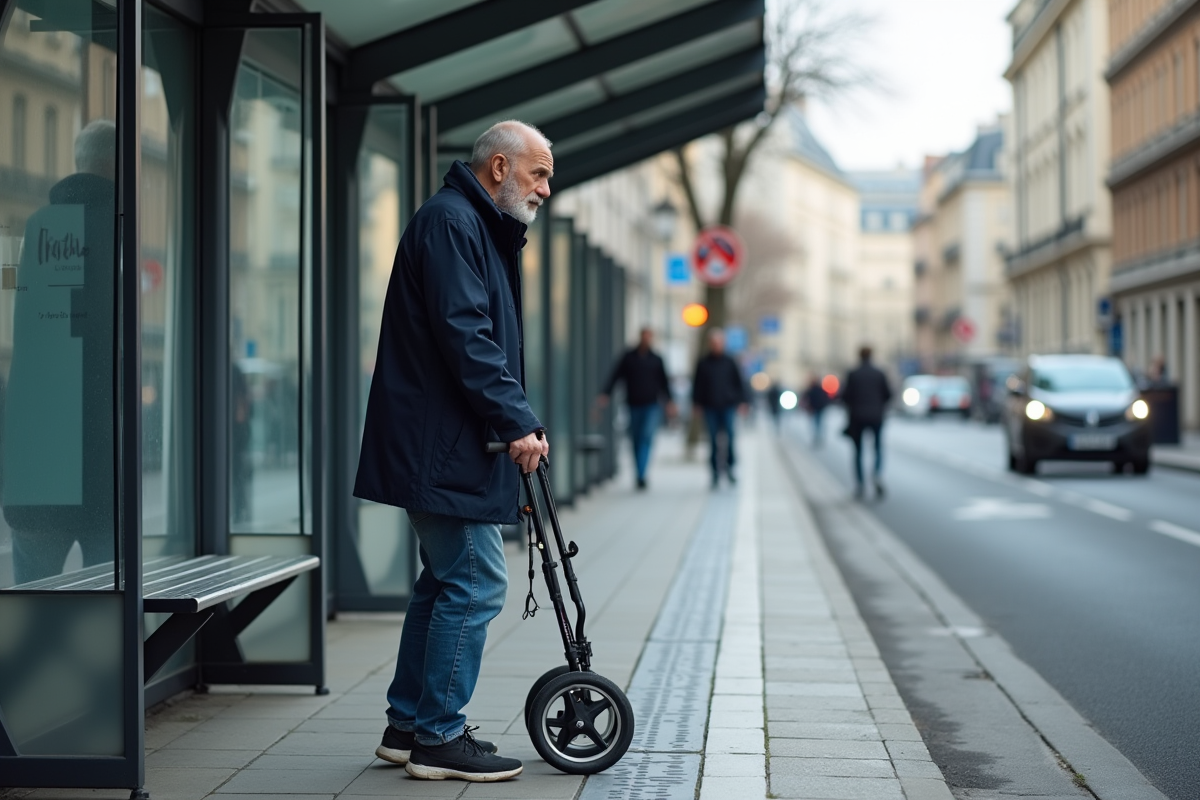 Homme français de 40 ans attendant à un arrêt de bus