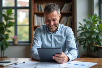 Homme d'âge moyen analysant des documents financiers dans un bureau lumineux