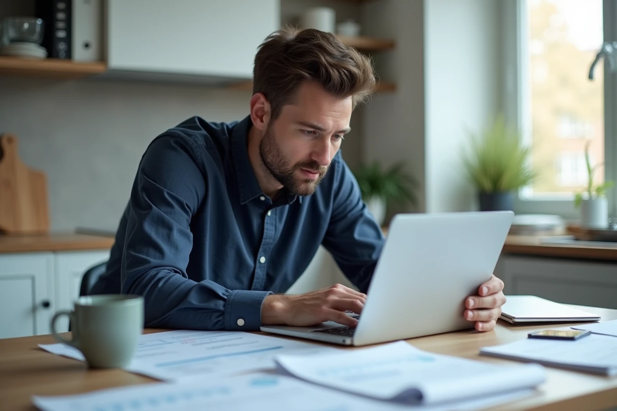 Homme consultant le site des impôts en ligne sur ordinateur portable avec des documents fiscaux étalés sur la table de cuisine