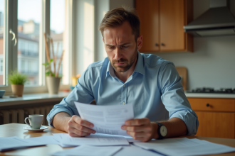 Homme inquiet vérifiant ses factures dans une cuisine lumineuse