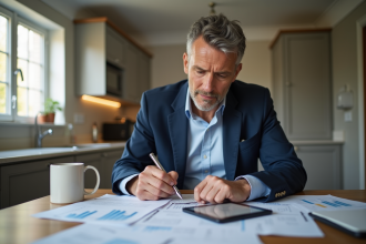 Homme d'âge moyen en costume bleu à la cuisine en train de revoir ses investissements