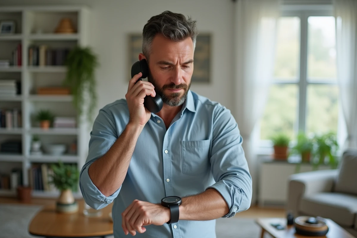 Homme regardant sa montre dans un salon lumineux