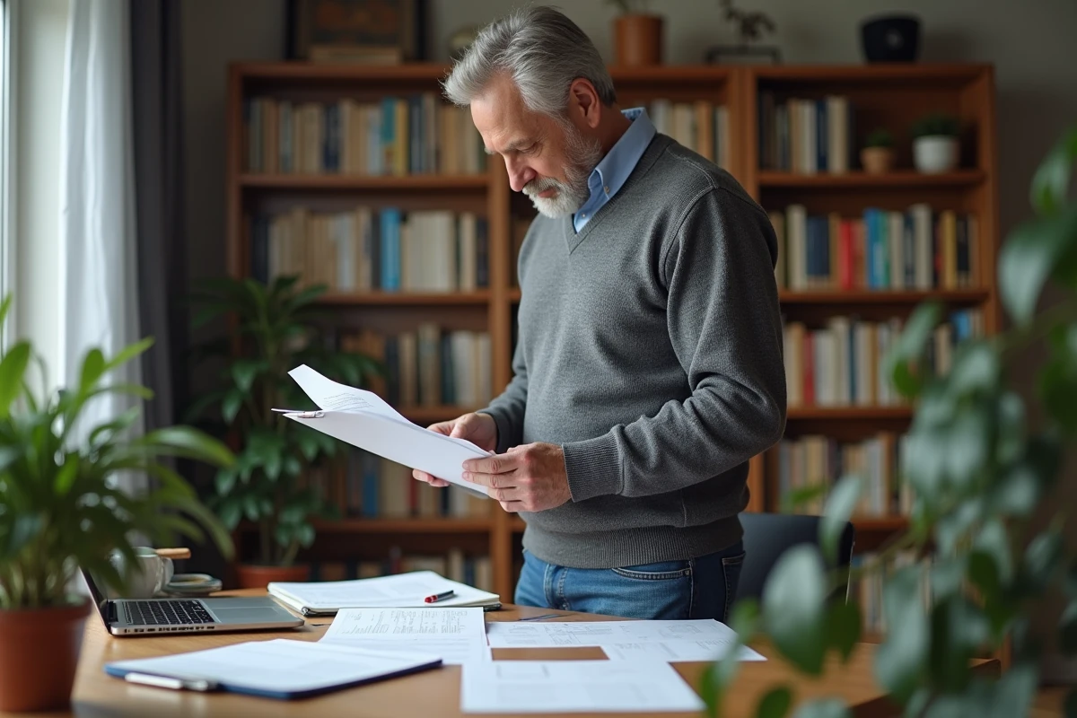 Homme triant des reçus dans son bureau à domicile