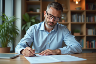 Homme d'âge moyen remplissant des formulaires de retraite à la maison