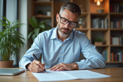 Homme d'âge moyen remplissant des formulaires de retraite à la maison