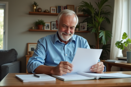 Homme d'âge moyen consulte ses papiers de retraite à la maison