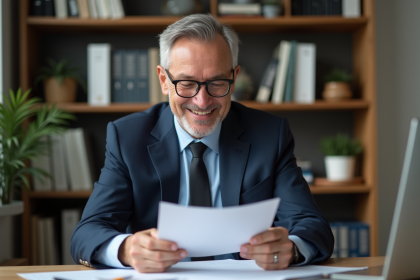 Homme d'âge moyen en costume regardant des documents de retraite