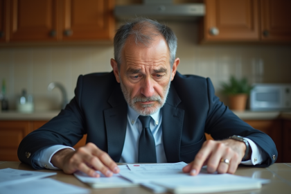 Homme d'âge moyen en costume examine des papiers