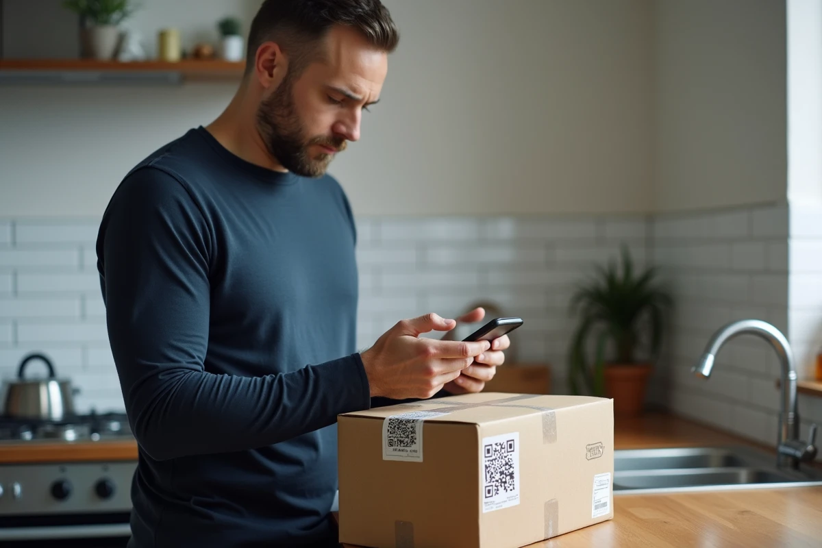 Homme scannant une étiquette de retour Amazon avec son smartphone dans une cuisine