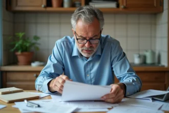 Homme stressé en cuisine avec papiers et enveloppes