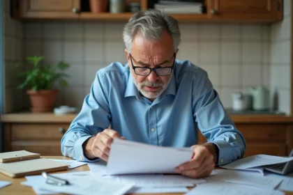 Homme stressé en cuisine avec papiers et enveloppes