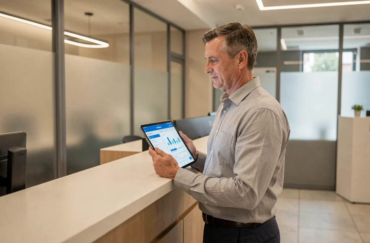 Homme consultant son espace bancaire numérique sur une tablette dans une agence Crédit Agricole des Savoie modernisée