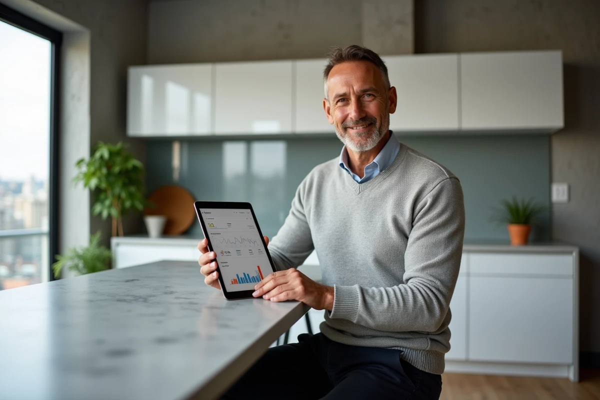 Homme utilisant une tablette pour consulter ses comptes BNP Banque Privée depuis son appartement moderne