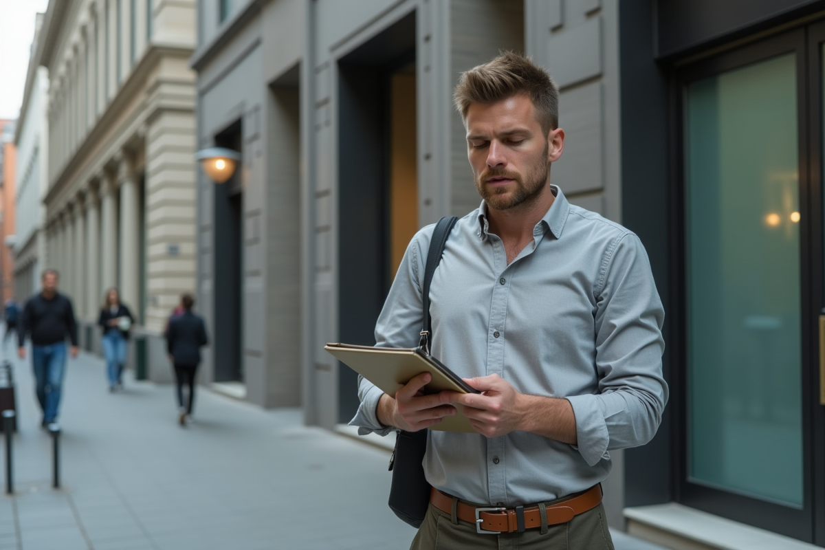 Homme regardant son téléphone devant une banque