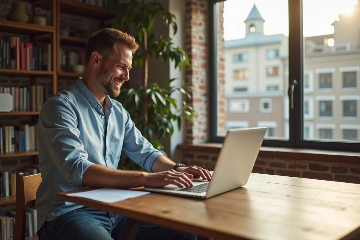 Homme détendu travaillant sur un ordinateur dans son appartement