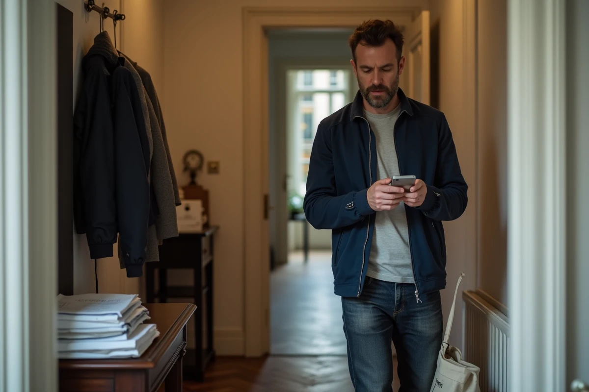 Homme vérifiant une notification de retard d'actualisation Pôle emploi sur son téléphone dans le couloir de son appartement