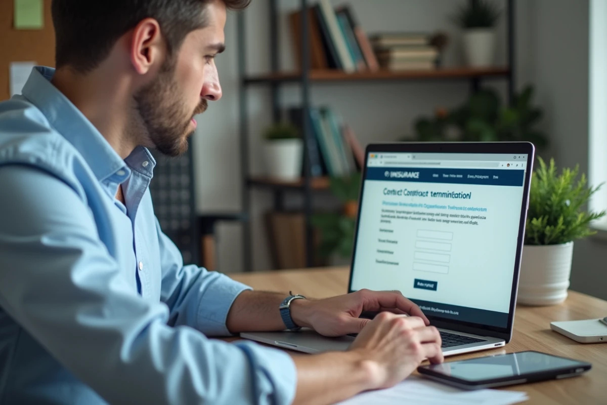 Homme vérifiant la confirmation de résiliation de contrat d'assurance en ligne