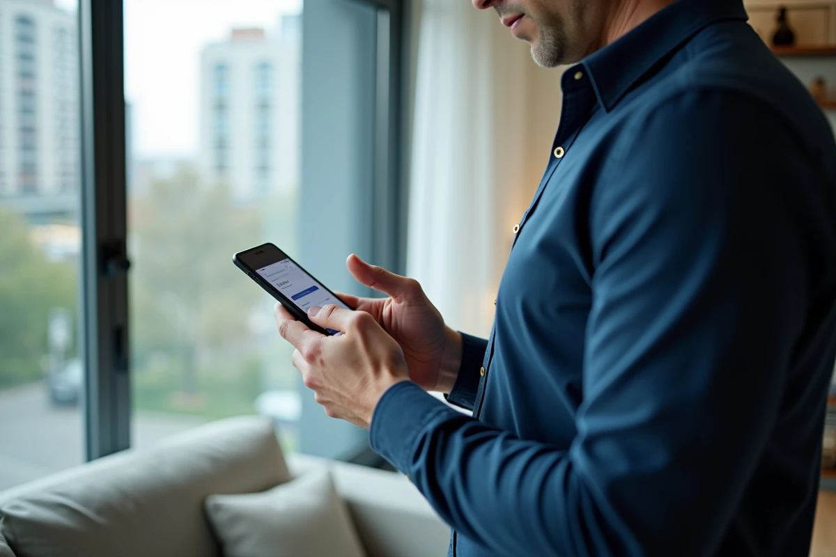 Homme réalisant un virement bancaire en ligne via une application mobile sur son smartphone dans un appartement moderne
