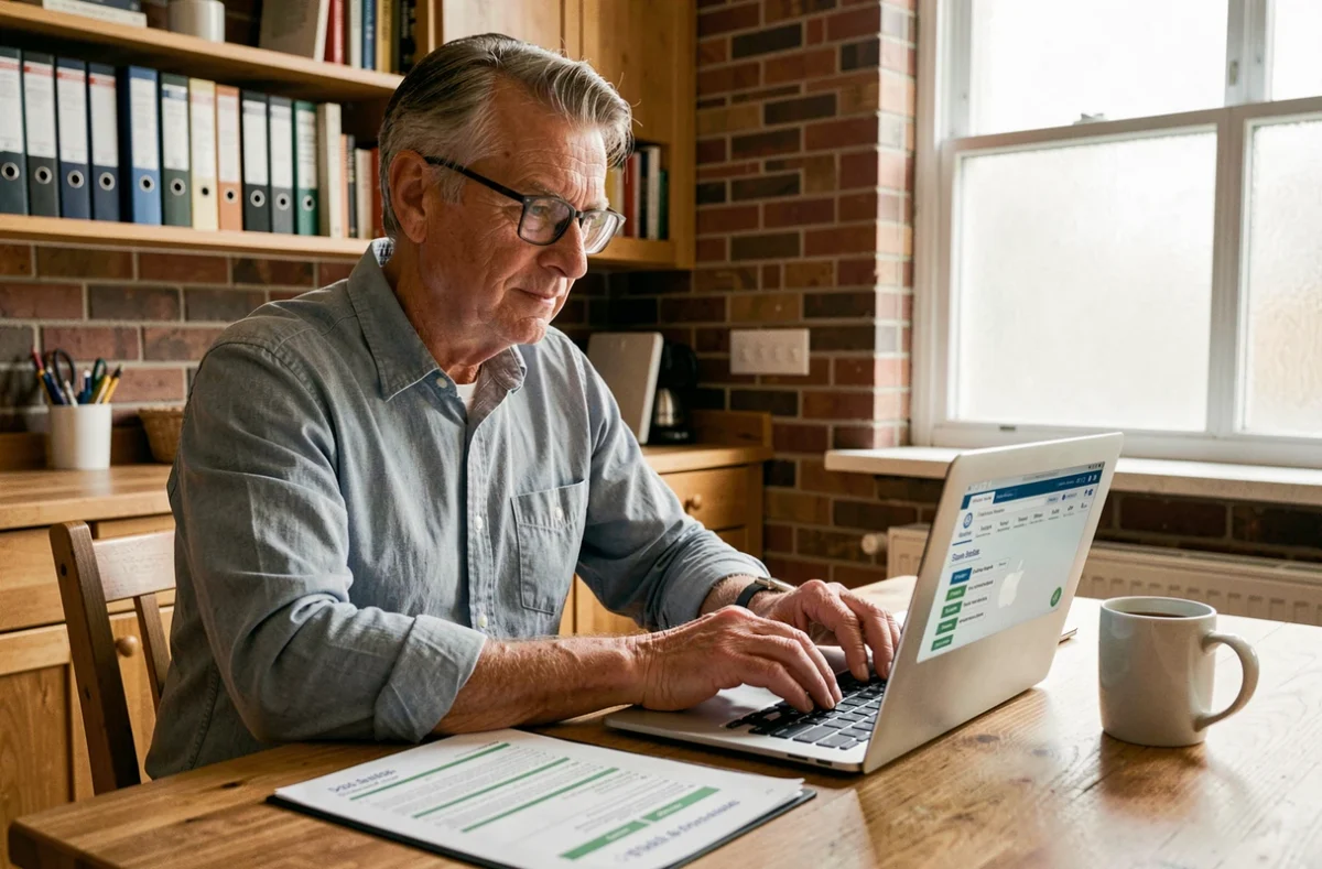 Un travailleur indépendant à domicile compare des offres d'assurance responsabilité civile professionnelle sur son ordinateur portable