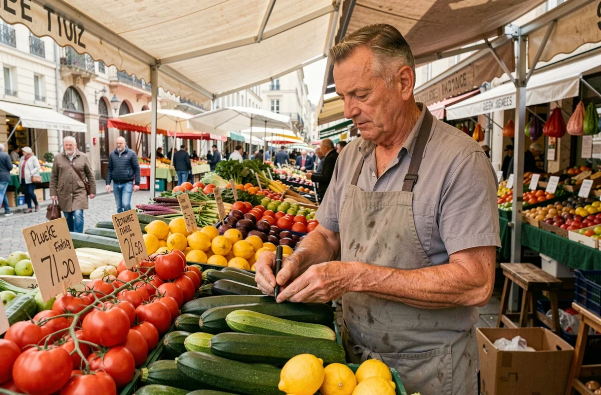 Commerçant de marché mettant à jour les étiquettes de prix des légumes frais, illustration de la hausse des prix en France en 2026