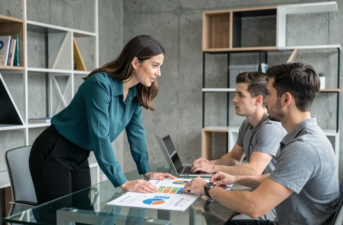 Conseillère INSIDE AMO CONCEPT présentant des options de crédit immobilier à un jeune couple