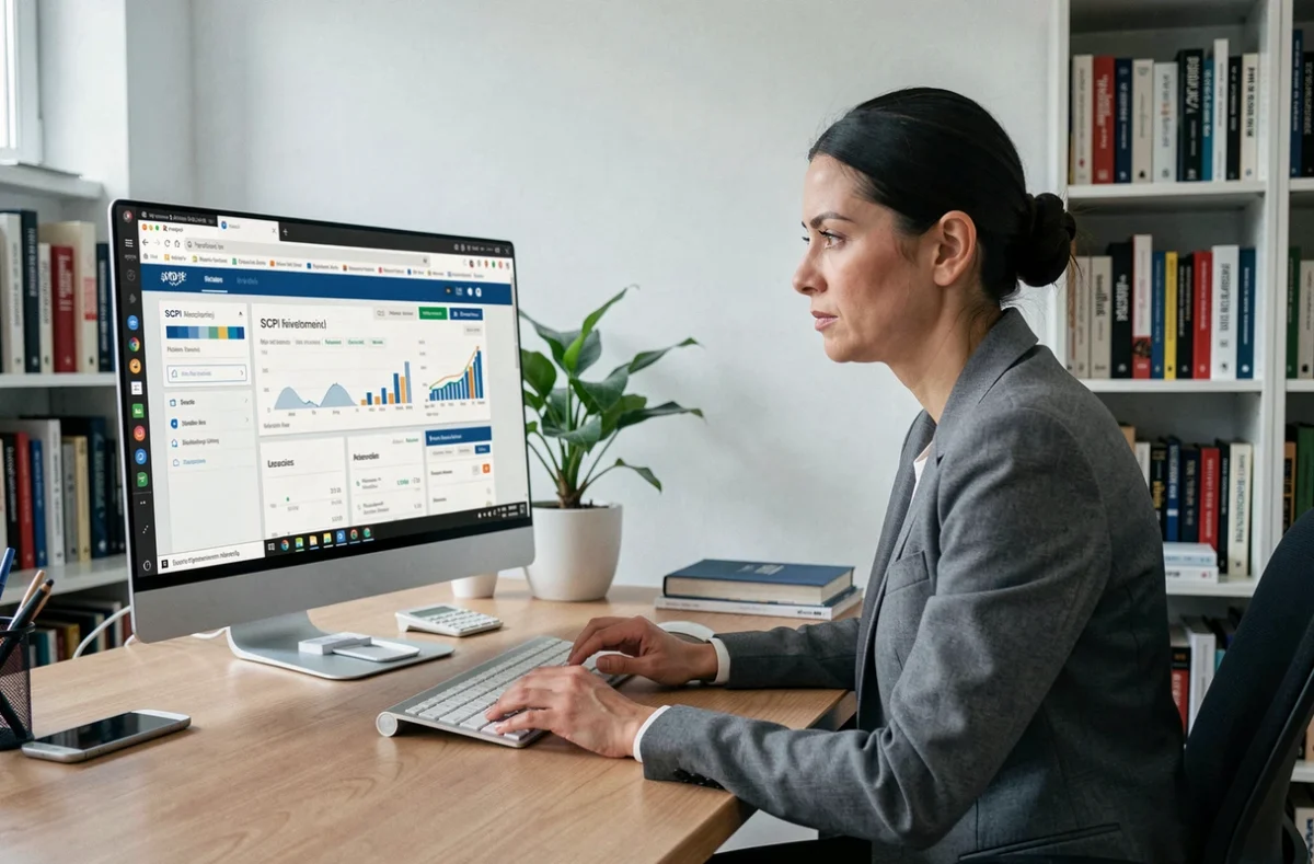 Une femme investisseuse compare des offres de SCPI en ligne sur son ordinateur dans un bureau à domicile