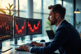 Investisseur inquiet regardant des écrans de bourse en chute