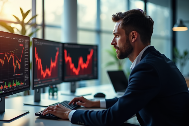 Investisseur inquiet regardant des écrans de bourse en chute