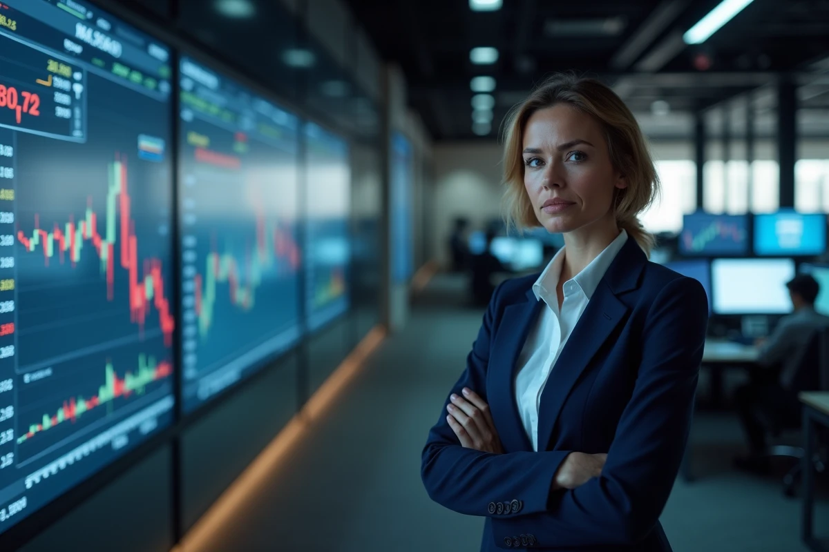 Investisseuse professionnelle analysant les risques boursiers sur un terminal de trading multi-écrans en salle des marchés