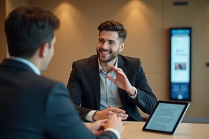 Jeune homme souriant en langue des signes à la banque