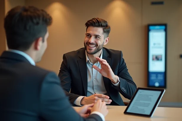 Jeune homme souriant en langue des signes à la banque