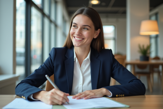 Jeune femme en banque à Paris examine des documents de prêt
