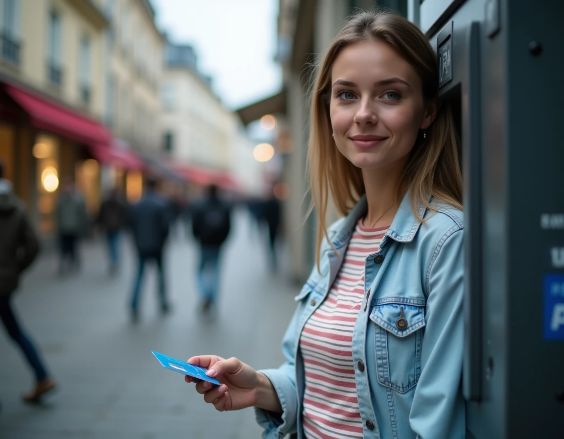 Jeune femme utilisant sa carte prépayée La Poste à un distributeur automatique en ville
